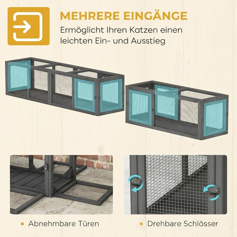 PawHut Katzentunnel XXL, flexibel kombinierbar Holz Spieltunnel mit 8 Eingängen, 250 x 38 cm, für Katzen bis 5 kg und Kaninchen