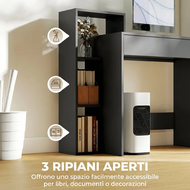 HOMCOM Scrivania PC Moderna con 3 Ripiani Aperti e Cassetto, in Legno Nero, 100x40x90 cm