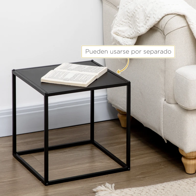 HOMCOM Juego de 2 Mesas Nido Mesas de Centro para Salón Cuadradas Material de Acero Grande 40 cm Pequeña 35 cm Negro