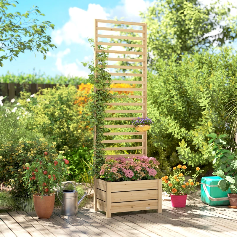 Outsunny Hochbeet mit Rankgitter Holz erhöhter Blumenkasten mit Spalier Abflussloch Vliesstoff 60 x 39 x 200 cm Naturholz