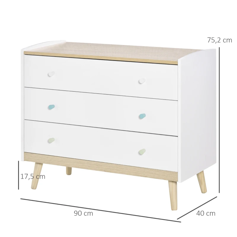 HOMCOM Cajonera Infantil con 3 Cajones Cómoda Auxiliar con Patas de Madera Almacenaje de Juguetes Ropa Libros para Habitación de Niños 90x40x75,2 cm Blanco