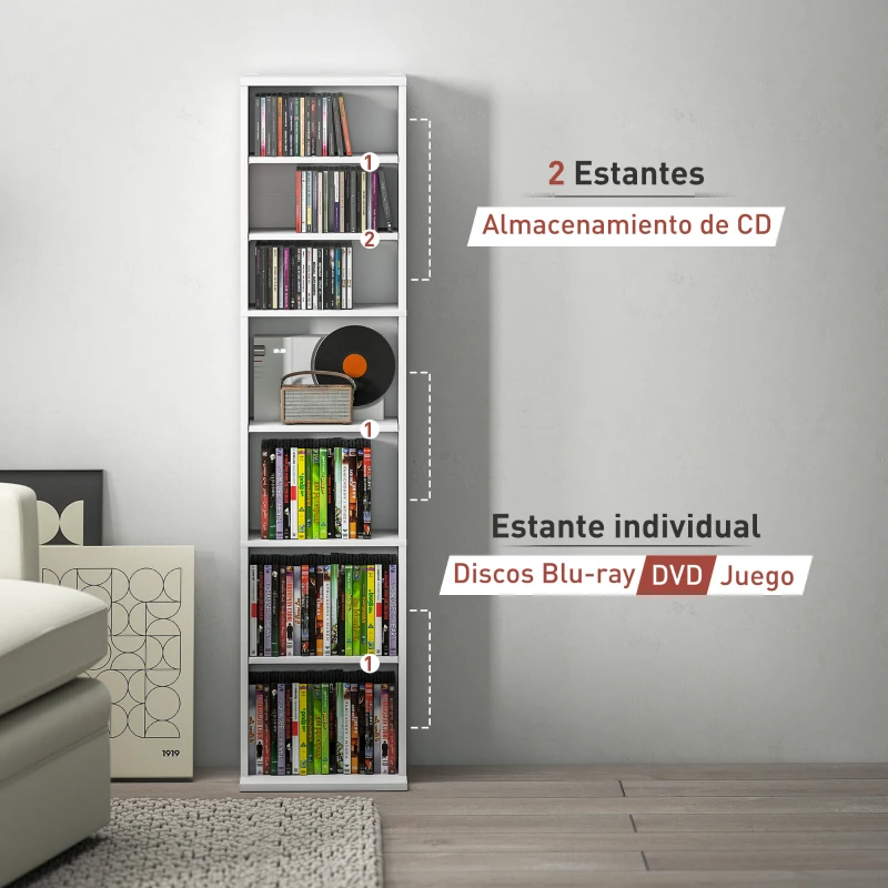 HOMCOM Estantería para CDs y DVDs con Estantes Ajustables Diseño Estrecho y Sistema Antivuelco para 260 CDs 33x24x140 cm Blanco