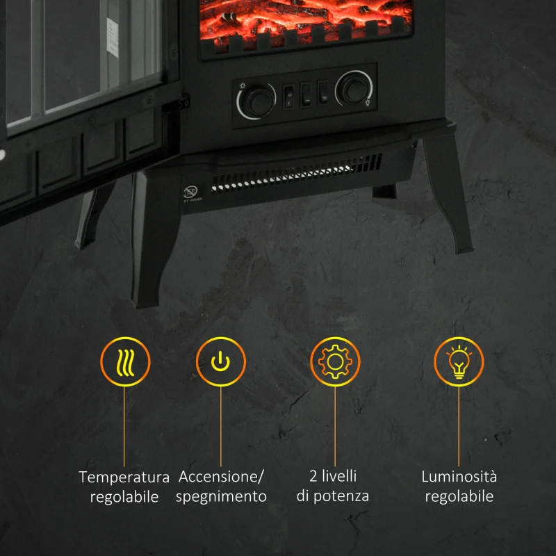 HOMCOM Camino da Terra Elettrico Potenza 1000W / 2000W con Effetto Fiamma Luminosità Regolabile, Caminetto Elettrico con Temperatura Regolabile e Protezione Anti Surriscaldamento, 39x23x56.5cm, Nero