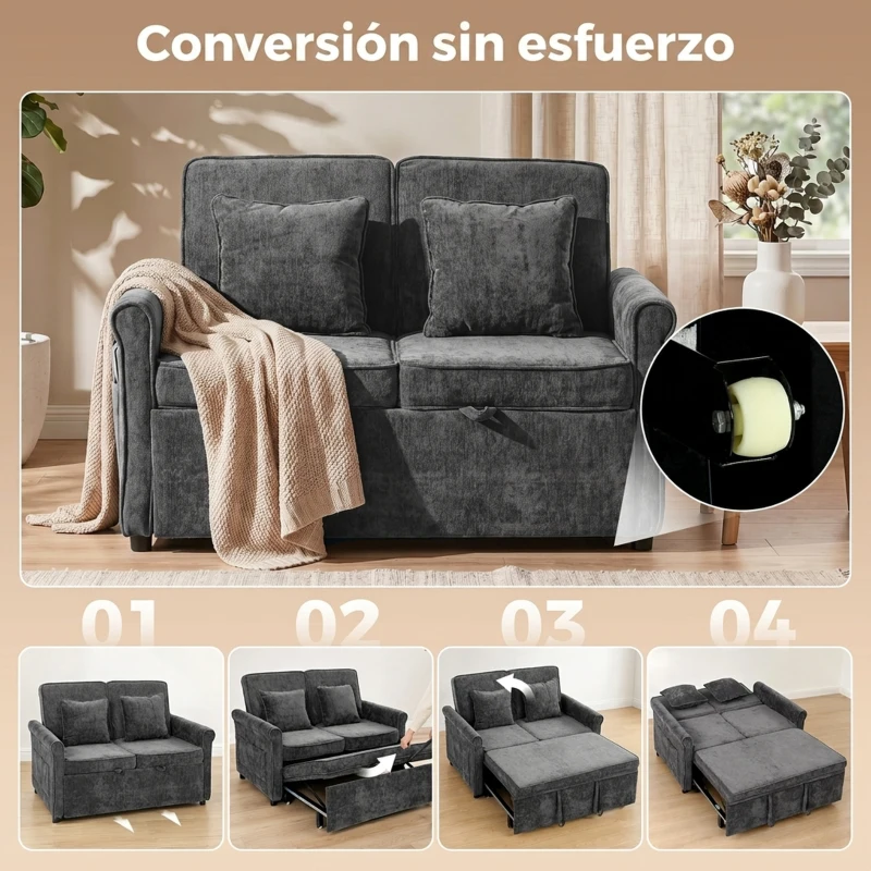 HOMCOM Sofá Cama 2 Plazas 3 en 1 con Respaldo Ajustable 5 Niveles Bolsillos Laterales 2 Almohadas para Sala de Estar Gris