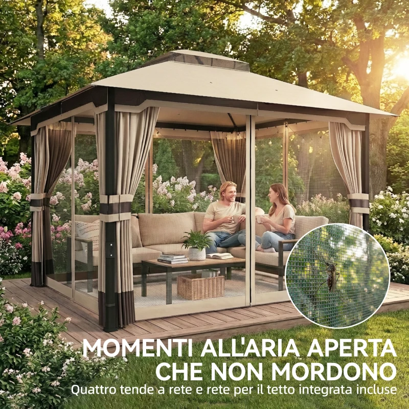 Outsunny Gazebo da Giardino 3x3.6 m con Doppio Tetto, Tende e Zanzariera, in Metallo e Poliestere Cachi