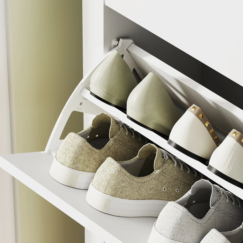HOMCOM Zapatero Estrecho con 2 Compartimentos y Tiradores de Cuero PU para Pasillos y Recibidores 80x24x95,5 cm Blanco y Madera