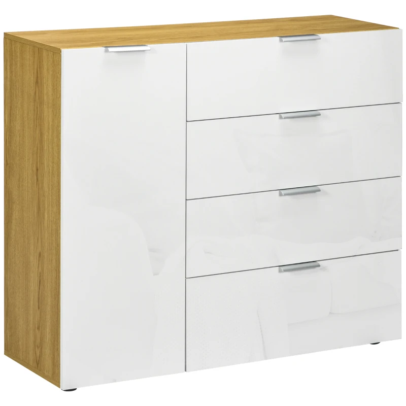 HOMCOM Aparador de Salón Cajonera y Cómoda con 4 Cajones Puerta y Estantes Ajustables 105x35x92 cm Blanco y Natural