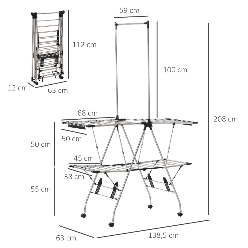 HOMCOM Séchoir à linge étendoir pliable avec roulettes grand espace d'étendage acier inoxydable 138,5 x 63 x 208 cm