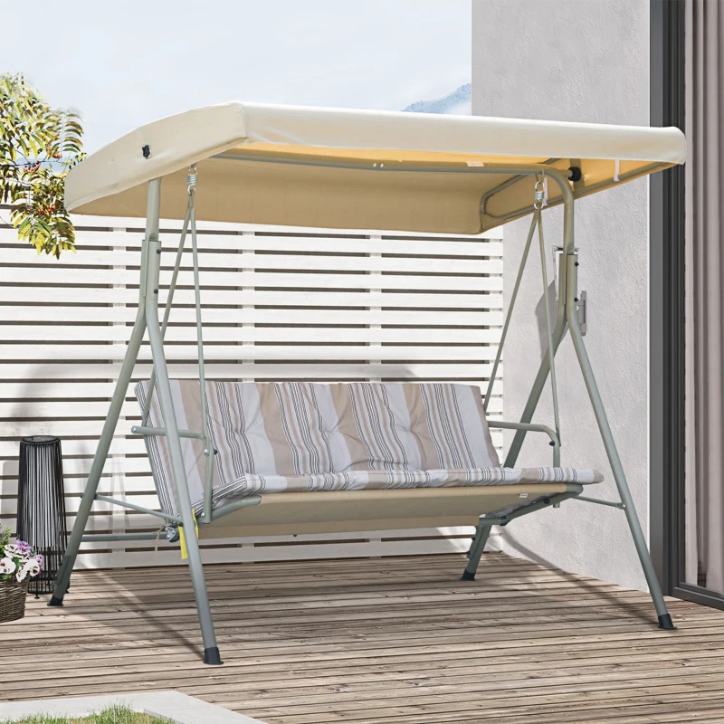Outsunny Balancín de Jardín Exterior Columpio de 3 Plazas con Toldo Ajustable y Marco de Acero 172x110x156 cm Marrón Claro