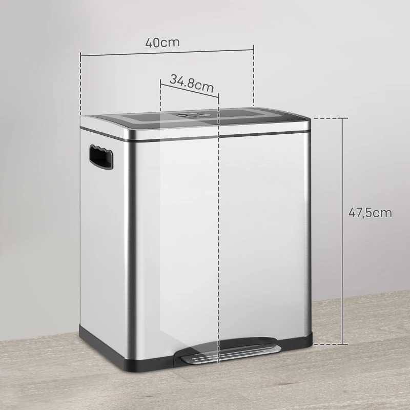 HOMCOM Bidone Immondizia a 2 Sezioni da 15L a Pedale con Coperchio Silenzioso, in Acciaio Inox e PP, 40x34.8x47.5 cm