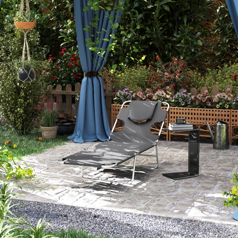 Outsunny Foldable Sun Lounger Set of 2, Beach Chaise Lounge with Reading Hole, Arm Slots, 5-Position Adjustable Backrest, Side Pocket, Pillow for Garden, Beach, Pool, Dark Grey