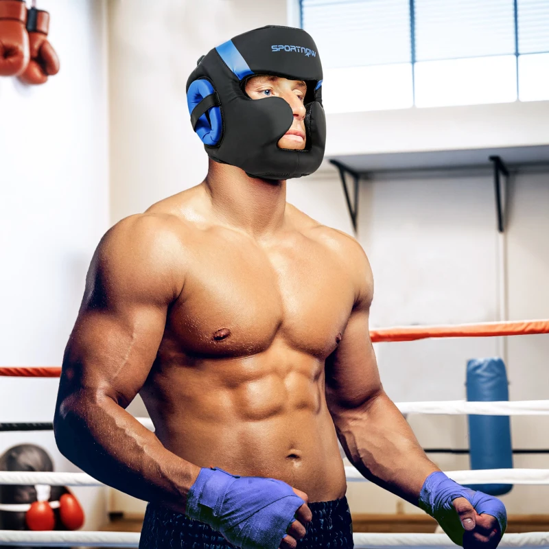 SPORTNOW Boxing Headguard w/ Adjustable Strap for Sparring, Kickboxing, MMA, Blue/Black