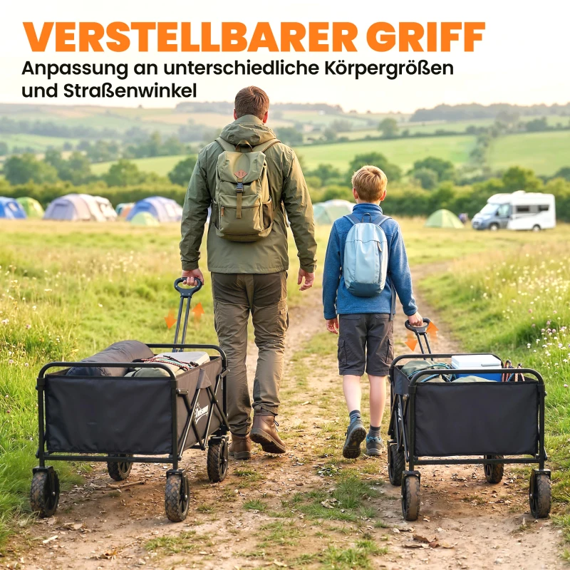 Outsunny Bollerwagen Faltbarer Handwagen Gartenwagen Transportwagen mit Griff Verstellbarer Griffhöhe Getränkehalter Schwarz