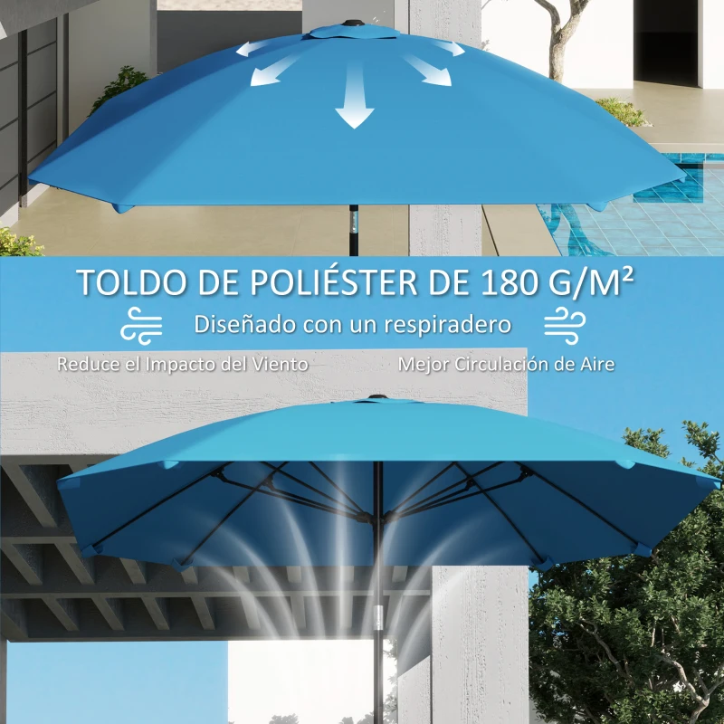 Outsunny Sombrilla de Jardín 233x233 cm Ángulo Ajustable Impermeable Poste de Aluminio Varillas de Fibra de Vidrio Manivela Azul