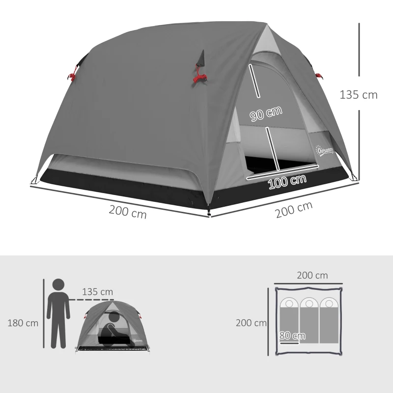 Outsunny Camping Tent, Easy Set Up 2-3 Man Tent with Sewn-in Groundsheet, 3000 mm Dome Tent w/ Mesh Windows, Dark Grey