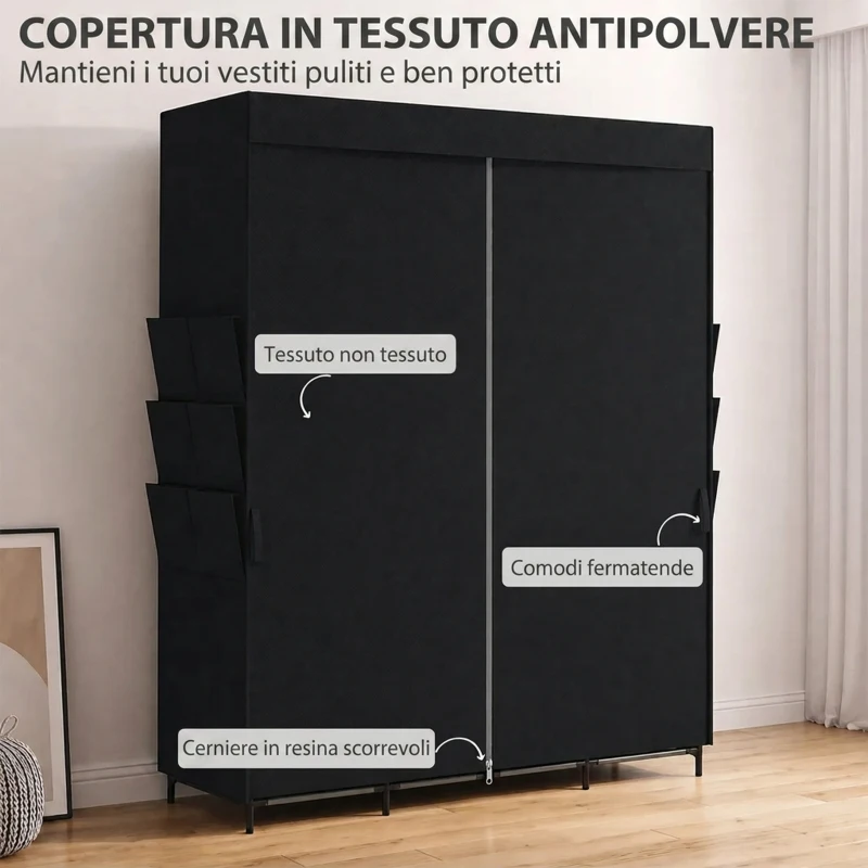 HOMCOM Armadio in Tessuto Salvaspazio con 3 Aste, 3 Ripiani, 6 Tasche Laterali, Ante Antipolvere con Zip, Nero