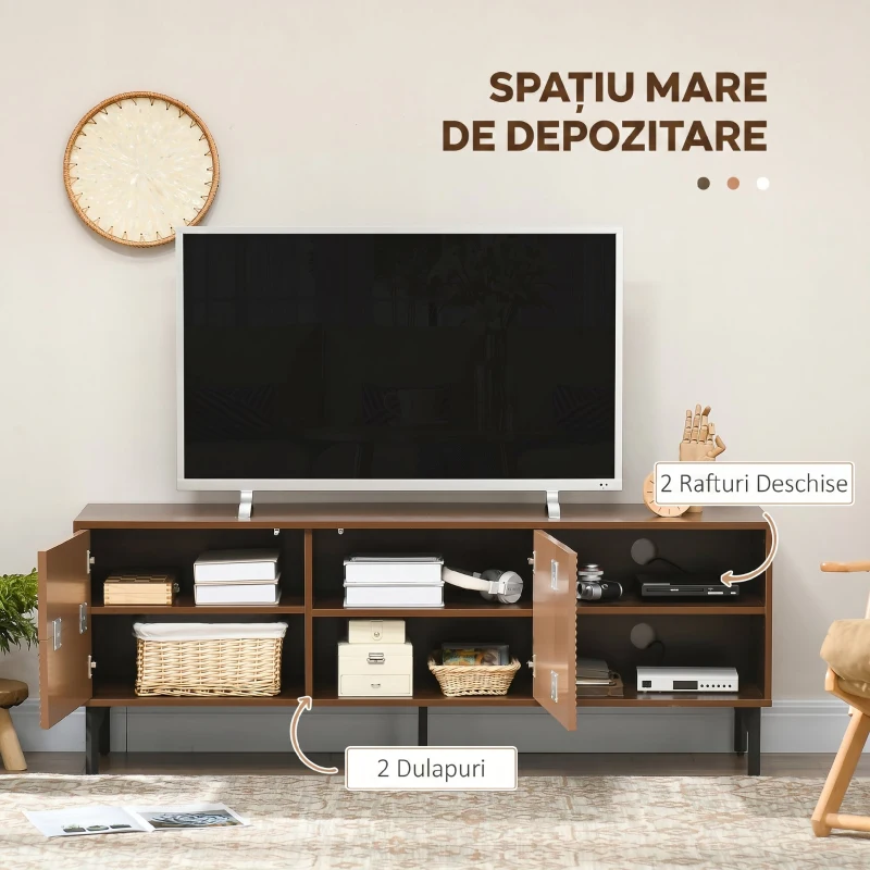 HOMCOM Suport Dulap TV pentru Televizoare de pana la 65”, Centru de Divertisment cu Rafturi Deschise, Dulapuri si Orificii pentru Cabluri pentru Camera de Zi, Maro