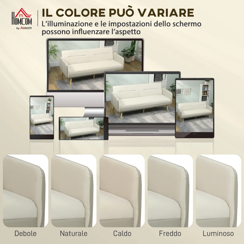 HOMCOM Divano Letto 3 Posti con Schienale Reclinabile e Rivestimento Effetto Velluto, 185x84x83 cm, Beige