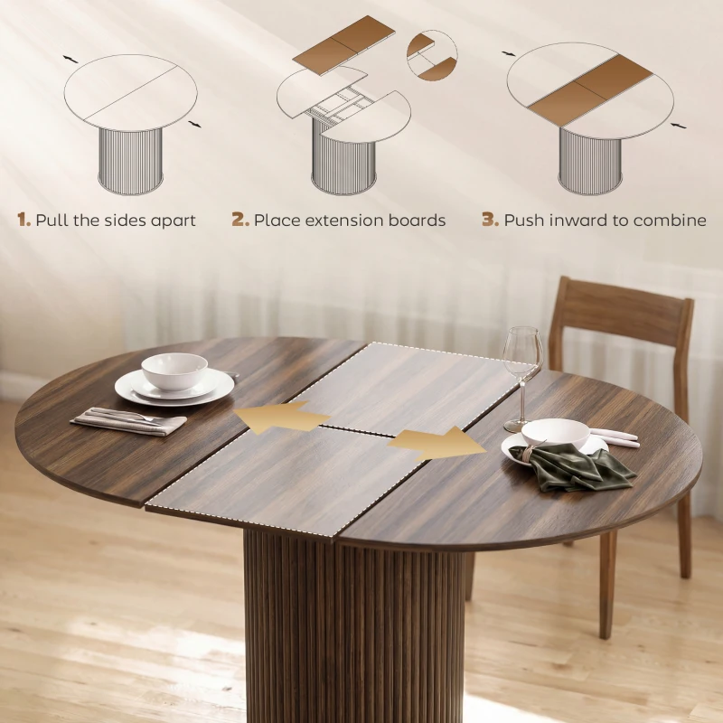 HOMCOM Extendable Round Dining Table Kitchen Table Hidden Leaf Storage Pedestal Base Seats 6-8 110-150 cm Dark Walnut