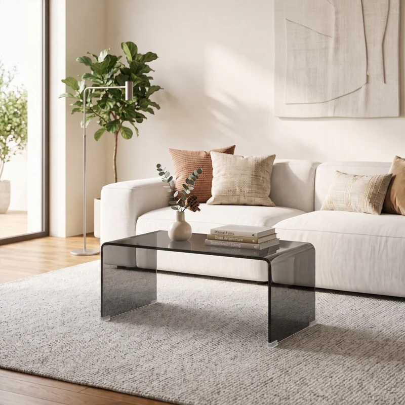 HOMCOM Măsuță de cafea din sticlă, masă de living dreptunghiulară cu design modern și muchii rotunjite sigure, gri deschis transparent
