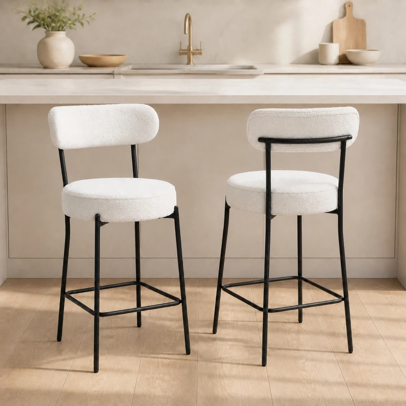 HOMCOM Lot de 2 tabourets de bar en tissu bouclette, chaises de bar avec dossier courbé, repose-pieds, 49x52x95cm, crème