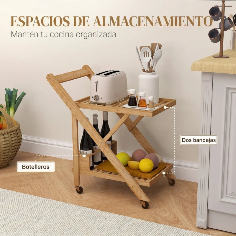 HOMCOM Carrito de Cocina de Bambú con Ruedas Carro de Cocina Plegable con Soporte para Vino 2 Estantes 66x40x70 cm Natural