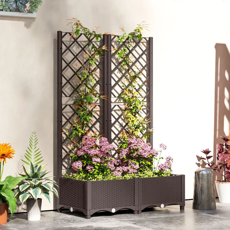 Outsunny Raised Garden Bed with Trellis, Plastic Planter Box with Drainage Holes, Drain Plugs and Water Reservoirs for Climbing Plants, Vegetables, Flowers, Brown