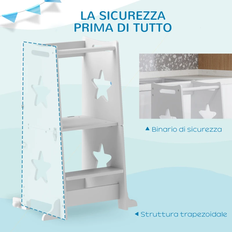 AIYAPLAY Scala Montessori Convertibile in Set Tavolo e Sedie con Barra di Sicurezza, in Legno, 60x44.5x86 cm, Bianco