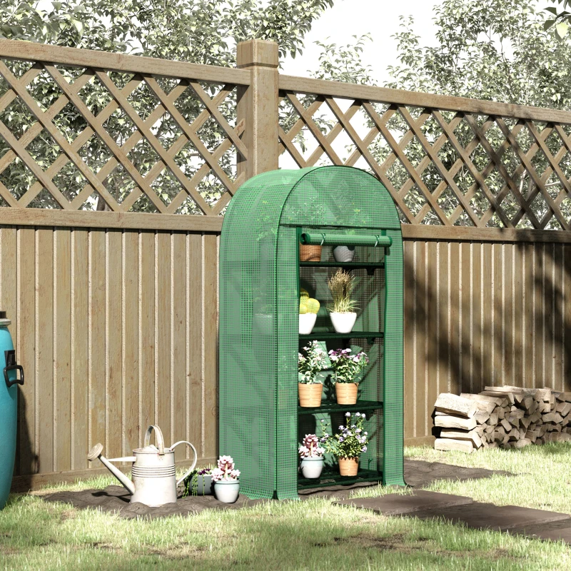 Outsunny Serra da Giardino con Ripiani in Metallo, Copertura in PE e Porta Avvolgibile 80x49x160cm, Verde