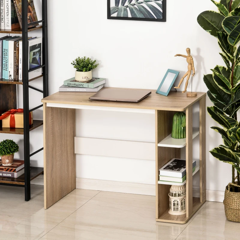 HOMCOM Scrivania Moderna in Legno con Scaffale a 3 Ripiani, 100x44x74cm, Bianco e Quercia