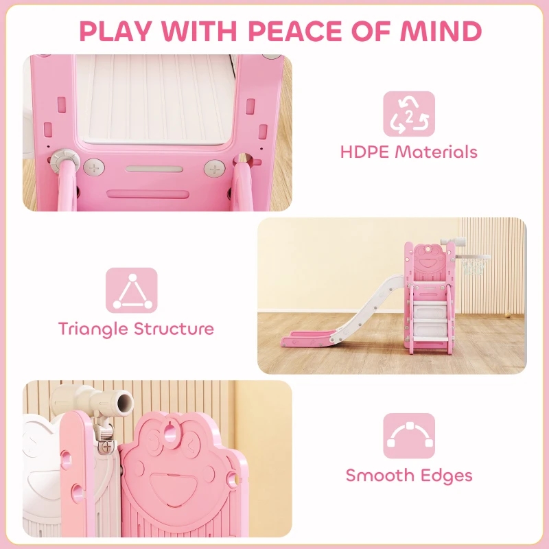 AIYAPLAY 5 in 1 Kids Slide Set with Basketball Hoop, Climbing Frame, Telescope, Storage Box for Toddlers Ages 1-3, Pink