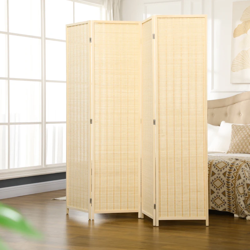 HOMCOM Paravento da Interno a 4 Ante Pieghevole in Legno e Bambù Altezza 180cm, Colore Naturale