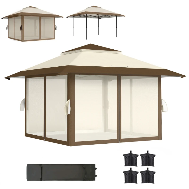 Outsunny Tonnelle pliante barnum parois en filet et protection UV50+ hauteur réglable et double toit sacs de lestage 4x4m beige