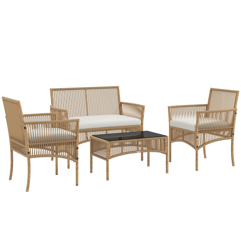 Outsunny Ensemble salon de jardin 4 pièces canapé 2 places 2 fauteuils 1 table basse plateau verre trempé