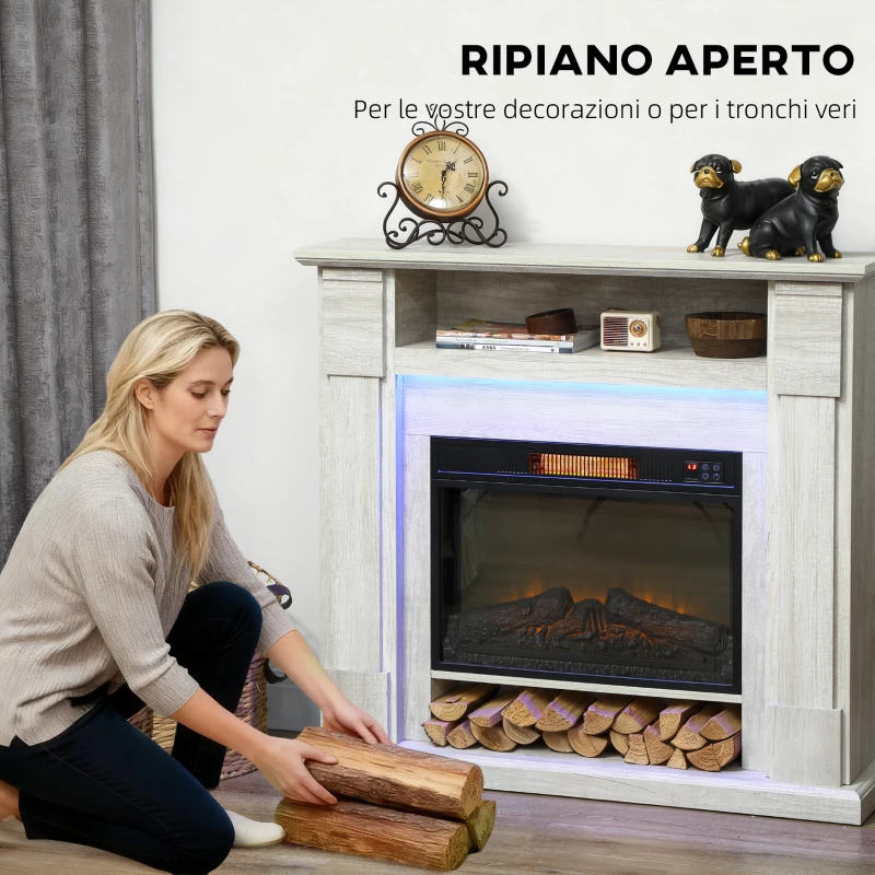 HOMCOM Camino Elettrico 1800W Regolabile con Fiamma 3D, Ripiano, Timer e Telecomando, 105x27x97 cm, color Legno