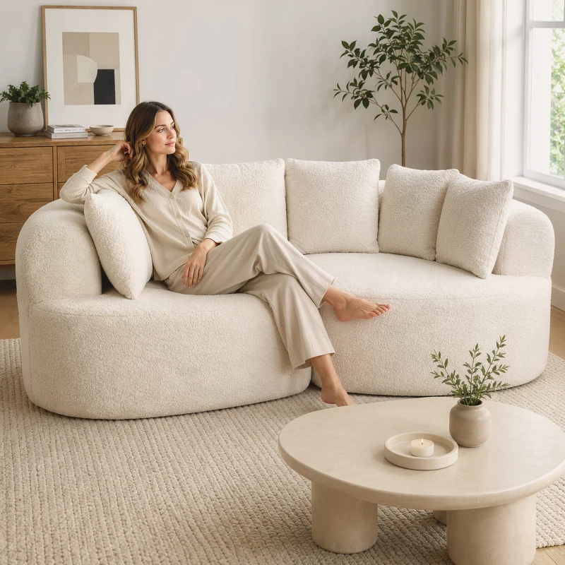 HOMCOM Canapea 3 locuri curbată din chenille 188 cm, canapea pentru living cu șezut adânc, 6 perne, umplutură groasă, crem