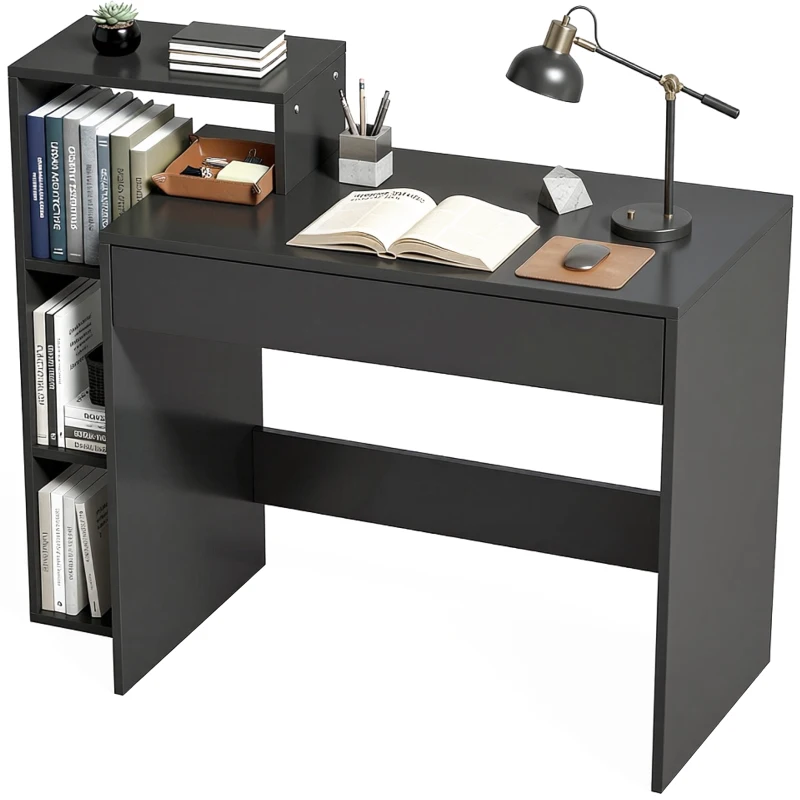 HOMCOM Scrivania PC Moderna con 3 Ripiani Aperti e Cassetto, in Legno Nero, 100x40x90 cm
