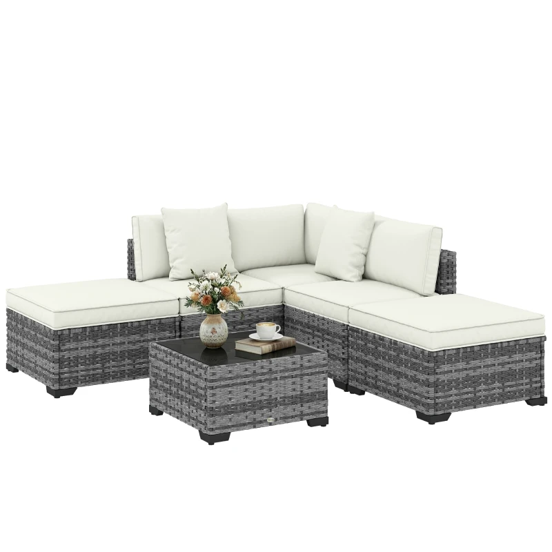 Outsunny Mobili da Giardino 6pz in Rattan e Acciaio con Divano, Tavolino e Cuscini, Grigio