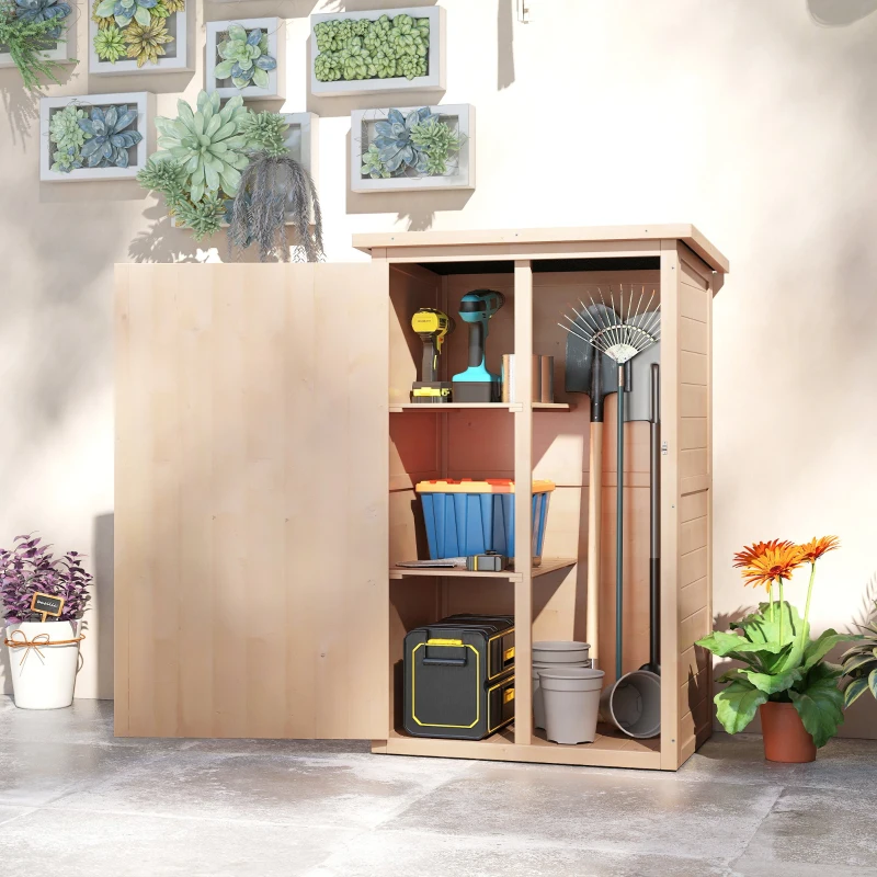 Outsunny Armario de Jardín de Madera para Exterior para Herramientas con 2 Estantes Techo Asfáltico 75x56x115cm Natural