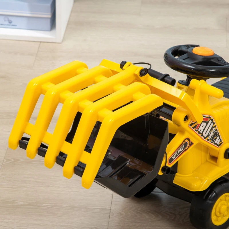 HOMCOM Escavatore per Bambini 2-4 Anni con Pinza, Pulsante per Suoni e Spazio Portaoggetti, 83x27x39 cm, Giallo e Nero