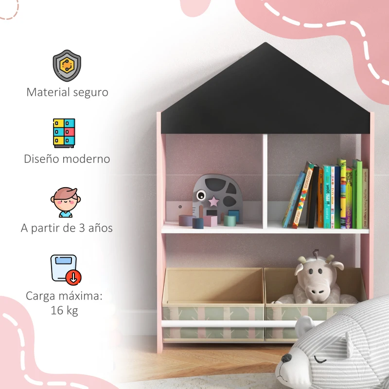 ZONEKIZ Organizador Infantil Estantería para Juguetes con Estantes Abiertos y 2 Cajas Extraíbles 62,4x26,5x90 cm Rosa