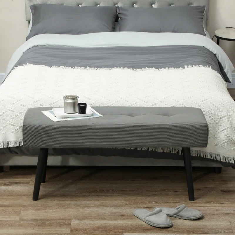 HOMCOM Banco Pie de Cama Tapizado en Pana con Asiento Acolchado Diseño Capitoné y Patas de Acero para Dormitorio Gris