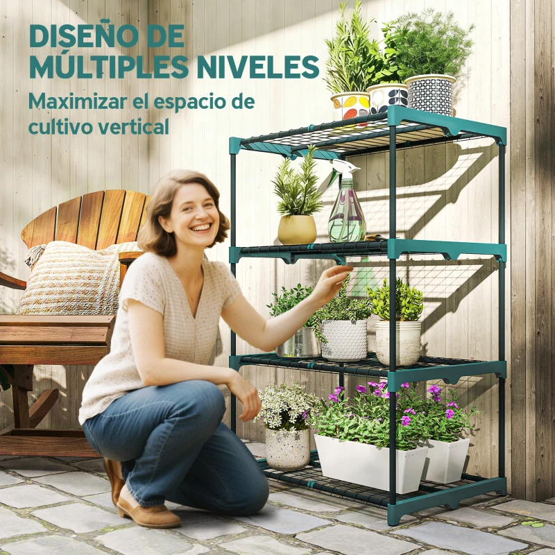 Outsunny Soporte para Plantas de 4 Niveles Estantería para Plantas de Acero Estantes de Rejilla 67x49x105 cm Verde Oscuro