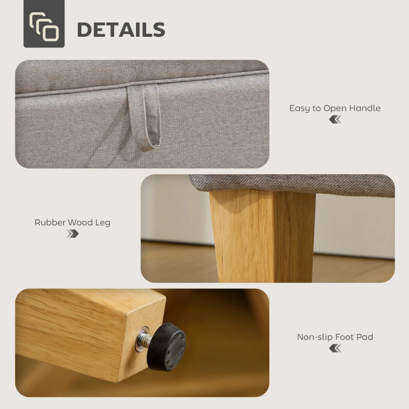 HOMCOM 30L Linen Storage Ottoman Padded Footstool with Rubberwood Legs for Storage Box, Bed End, Shoe Bench, Seating, Light Grey
