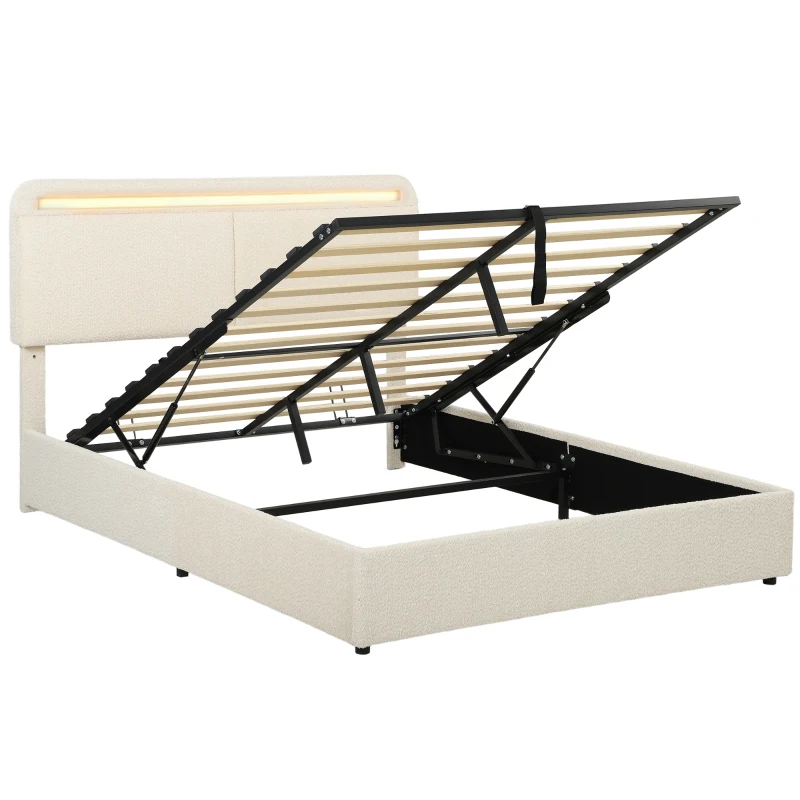 HOMCOM Pat cu spațiu de depozitare 140 x 190 cm, LED RGB, Tăblie Reglabilă, Cadru de Pat Dublu Căptușit Catifea, Depozitare Hidraulică, Crem