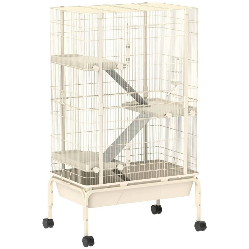 PawHut 4-Level Rolling Small Animal Cage, Rabbit Cage with 3 Ramps, Water Bottle, Food Dish, 15cm Deep Tray, Beige