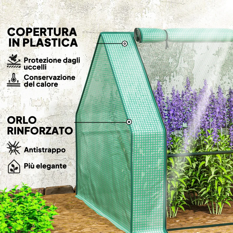 Outsunny Mini Serra da Giardino a 4 Porte Arrotolabili con Copertura Allungata, in Acciaio e PE, 360x90x90 cm, Verde