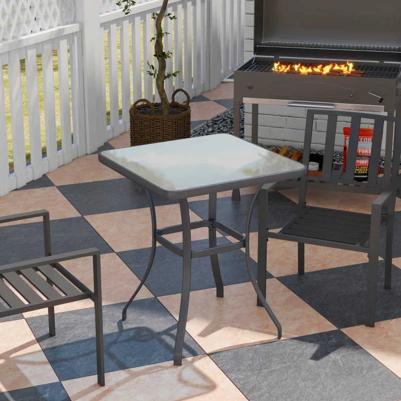 Outsunny Tavolino Moderno Piano in Vetro Temperato, Tavolo da Giardino Esterno Metallo 68.5x68.5x84cm Grigio