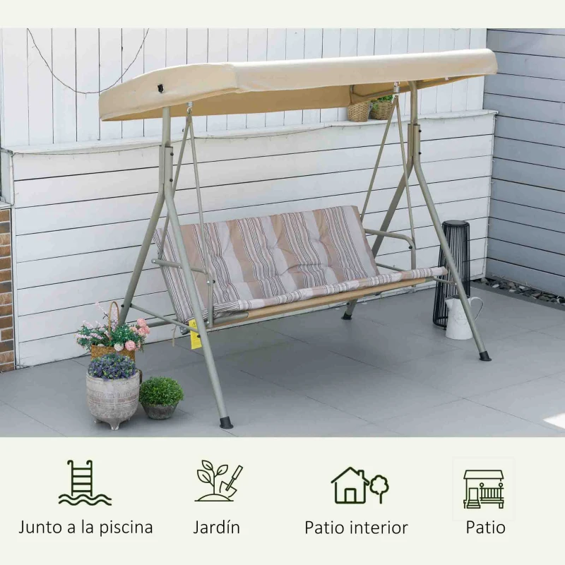 Outsunny Balancín de Jardín Exterior Columpio de 3 Plazas con Toldo Ajustable y Marco de Acero 172x110x156 cm Marrón Claro