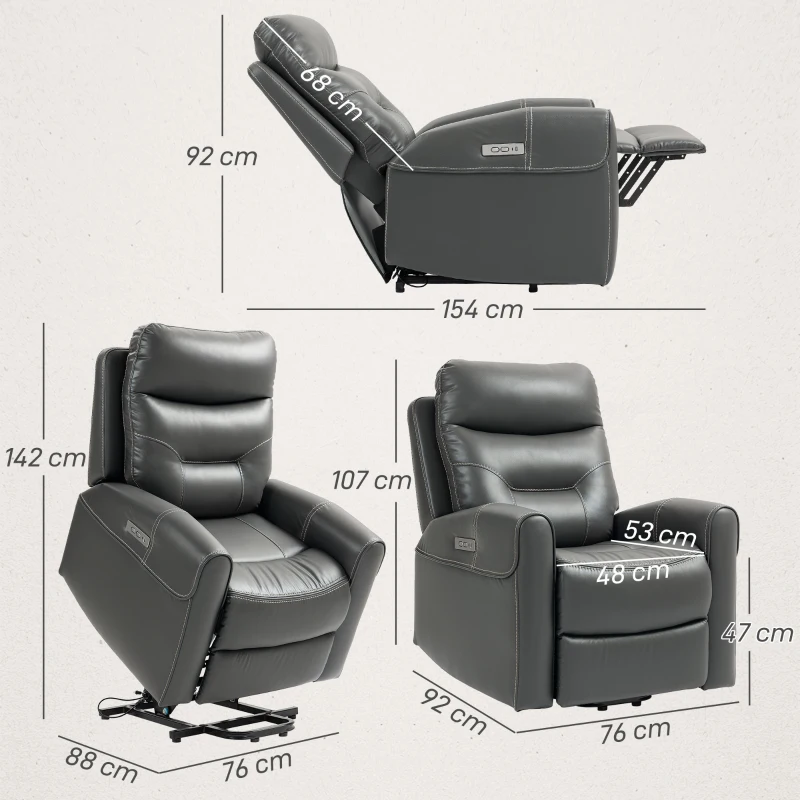 HOMCOM Power Lift Recliner Chair for Elderly, Overstuffed Faux Leather Riser and Reclining Chair with USB A+C Ports, Recliner Armchair for Living Room, Charcoal Grey